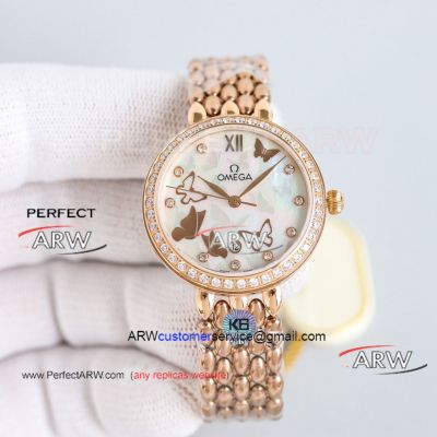 Best replica Omega De Ville pearl shell face rose gold diamond bezel ladies watch 